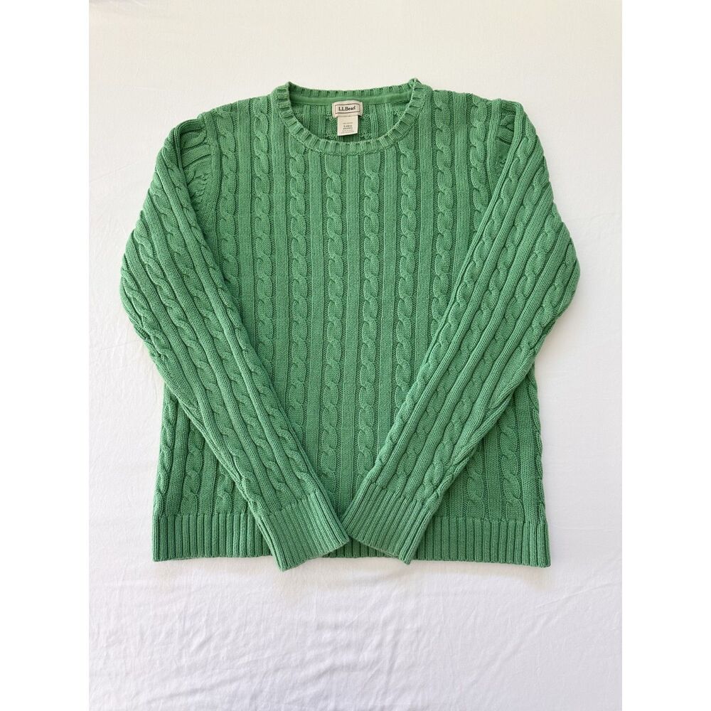 L.L. Bean Women’s Green Cable Knit Sweater Small Cotton Crewneck Classic Preppy